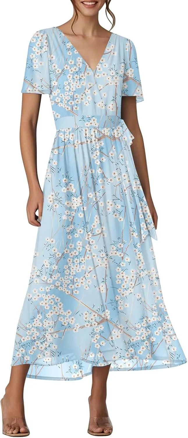 Floral Maxi Dresses for Women 2025 Vacation Casual Short Sleeve V Neck Long Flowy Dress Modest A Line Wrap Dress