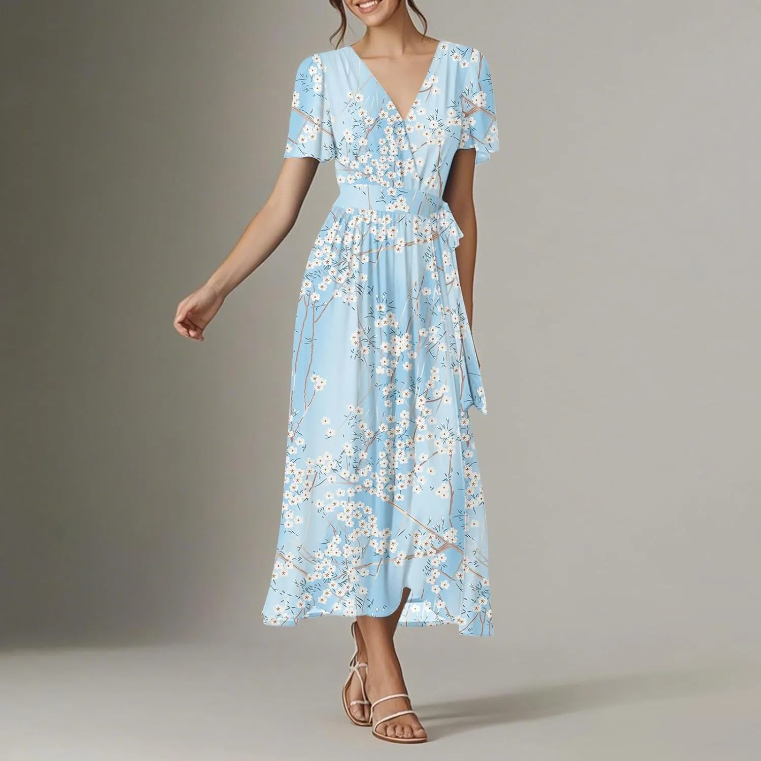 Floral Maxi Dresses for Women 2025 Vacation Casual Short Sleeve V Neck Long Flowy Dress Modest A Line Wrap Dress