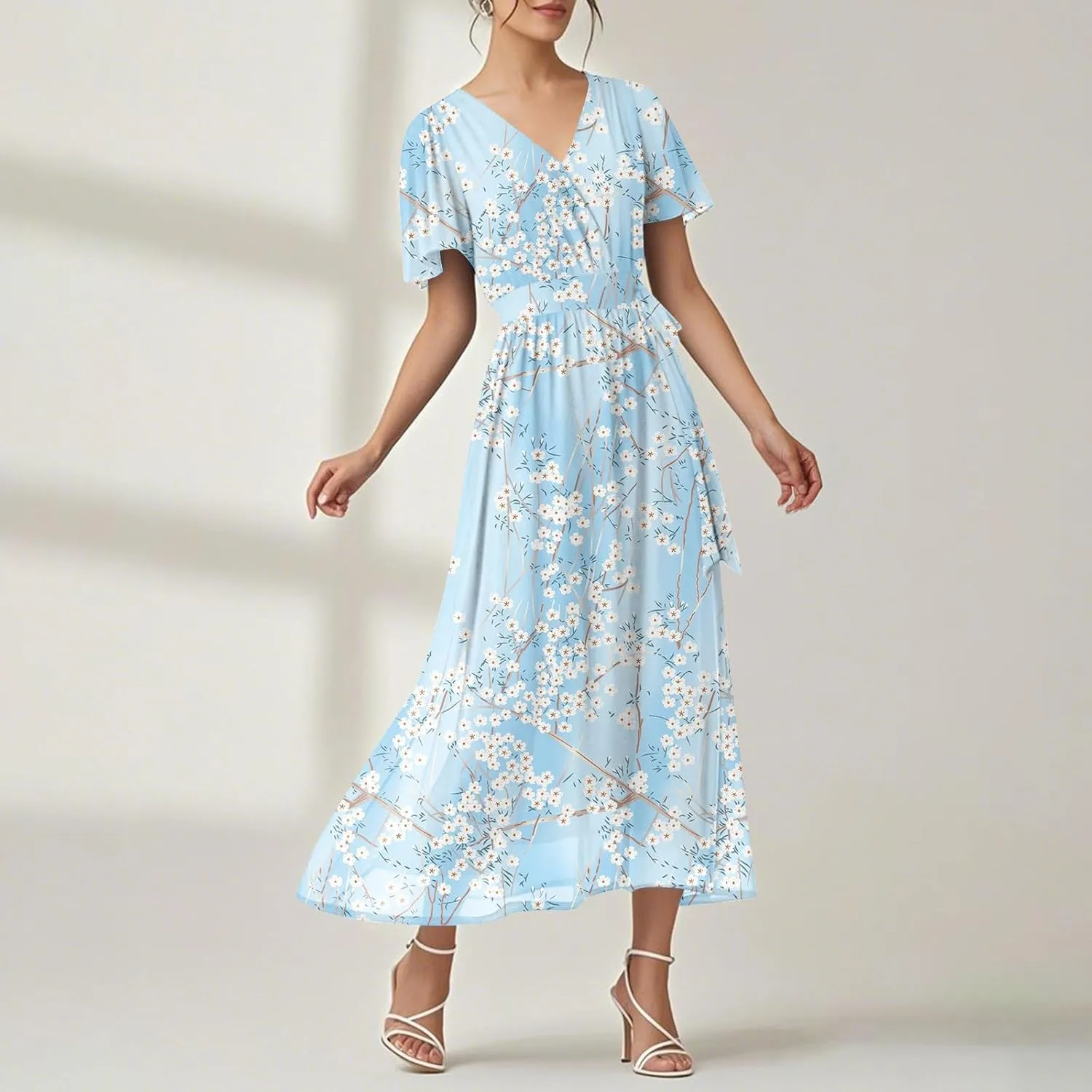 Floral Maxi Dresses for Women 2025 Vacation Casual Short Sleeve V Neck Long Flowy Dress Modest A Line Wrap Dress