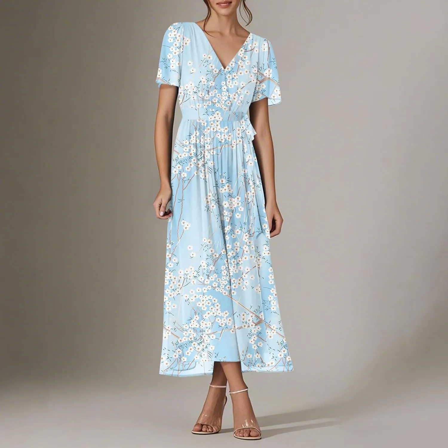 Floral Maxi Dresses for Women 2025 Vacation Casual Short Sleeve V Neck Long Flowy Dress Modest A Line Wrap Dress
