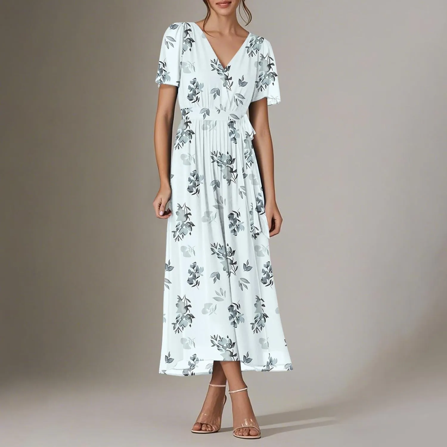 Floral Maxi Dresses for Women 2025 Vacation Casual Short Sleeve V Neck Long Flowy Dress Modest A Line Wrap Dress