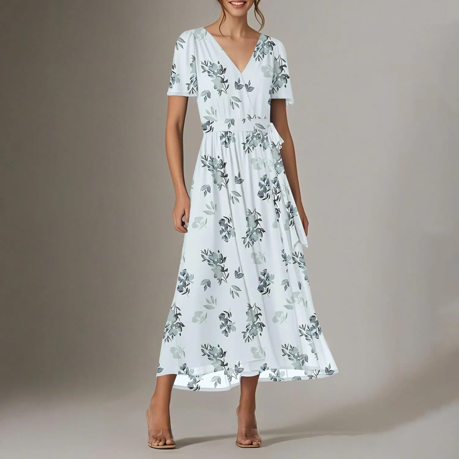 Floral Maxi Dresses for Women 2025 Vacation Casual Short Sleeve V Neck Long Flowy Dress Modest A Line Wrap Dress