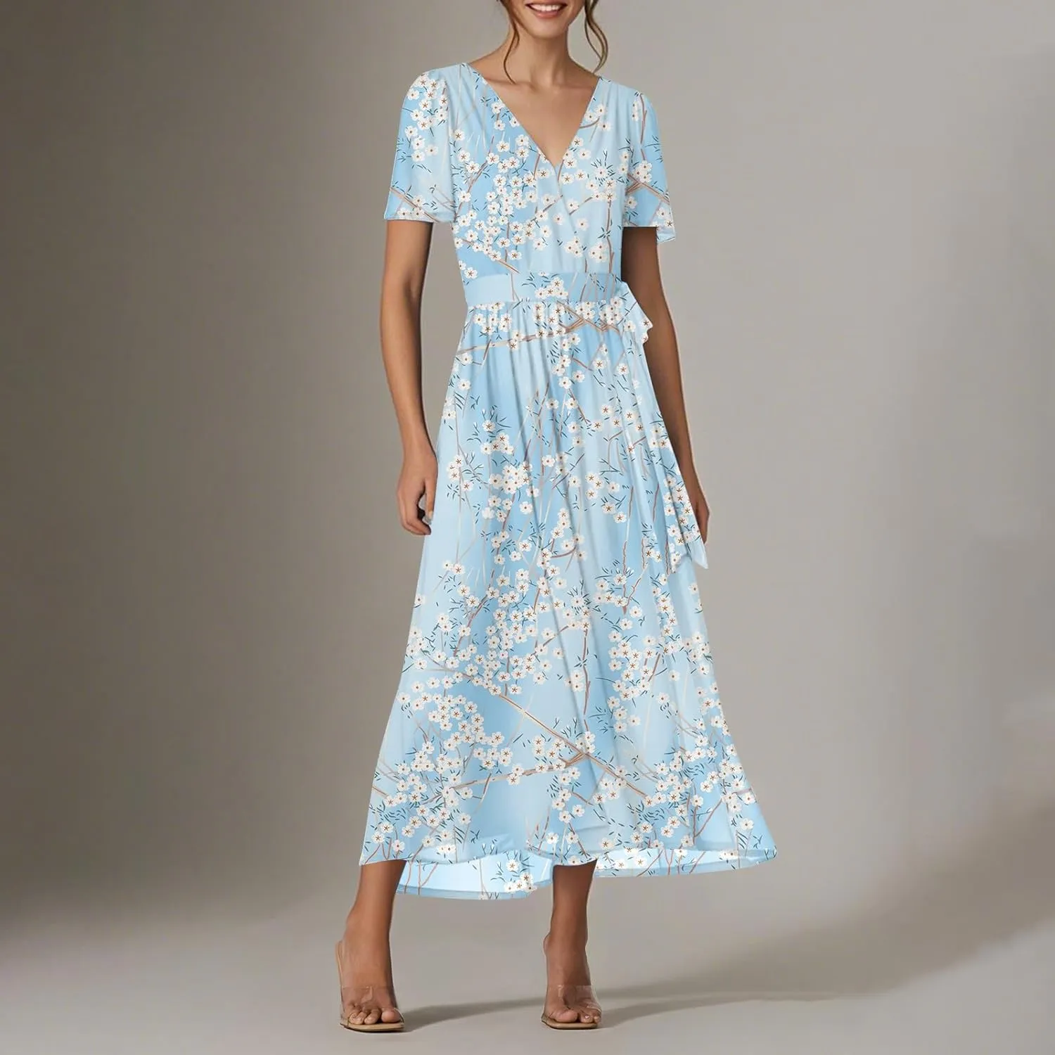Floral Maxi Dresses for Women 2025 Vacation Casual Short Sleeve V Neck Long Flowy Dress Modest A Line Wrap Dress