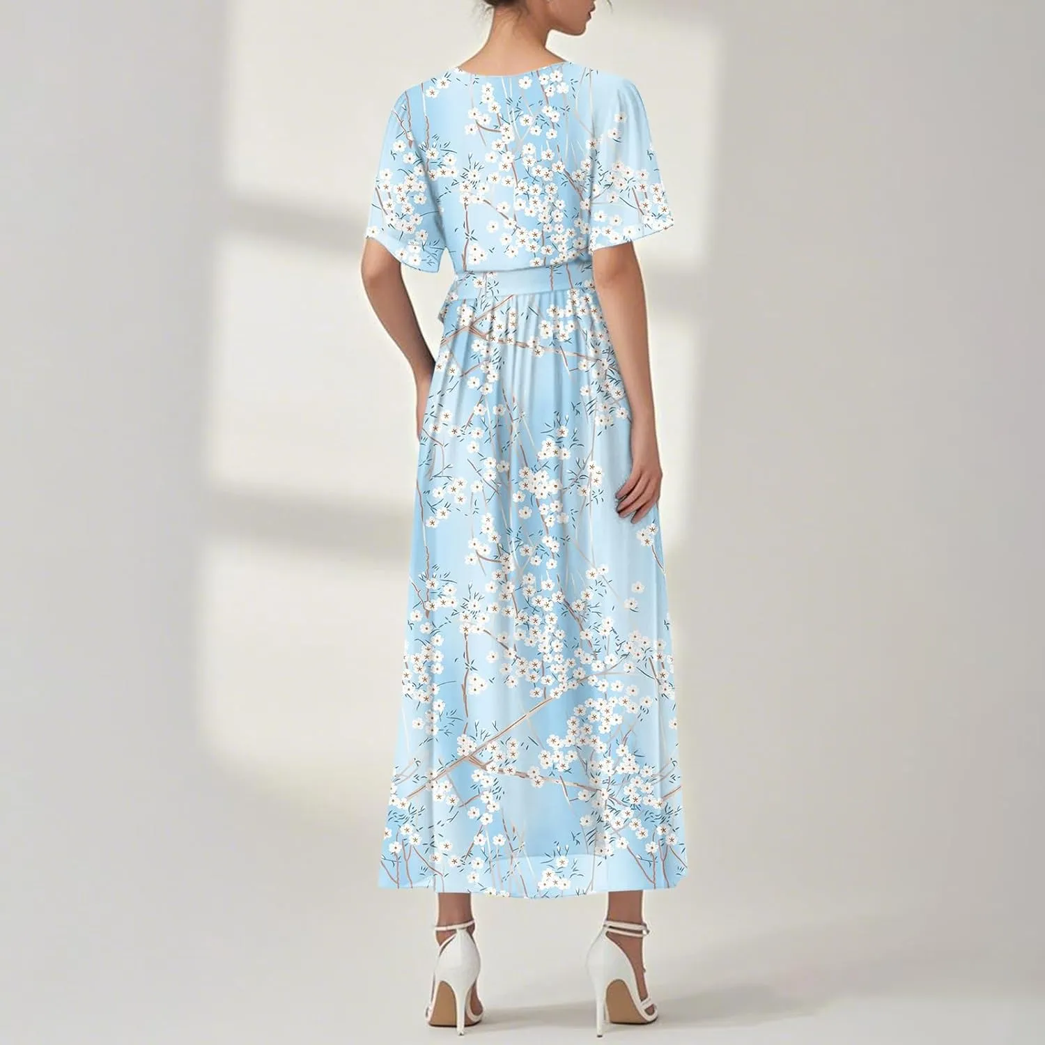Floral Maxi Dresses for Women 2025 Vacation Casual Short Sleeve V Neck Long Flowy Dress Modest A Line Wrap Dress