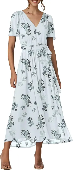 Floral Maxi Dresses for Women 2025 Vacation Casual Short Sleeve V Neck Long Flowy Dress Modest A Line Wrap Dress