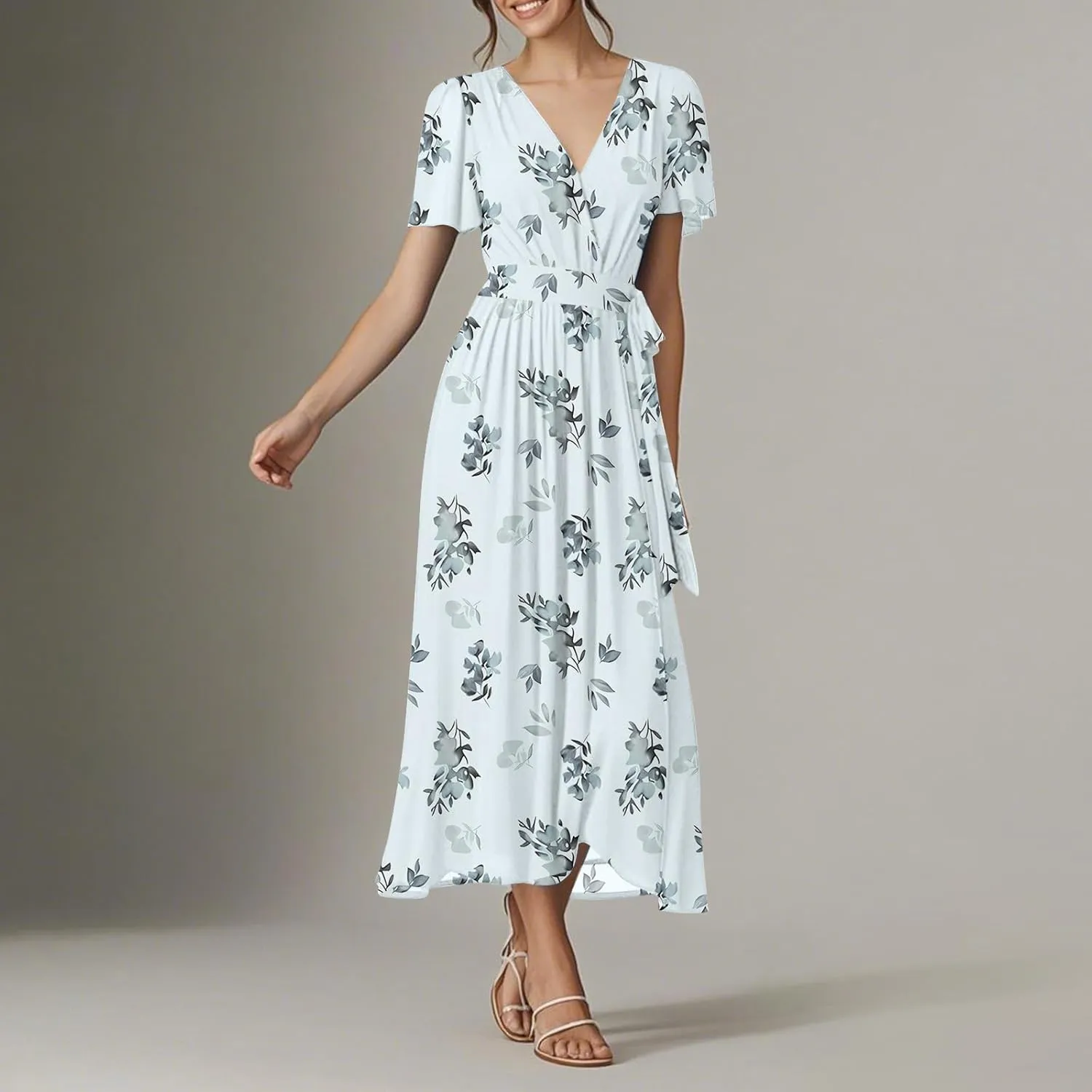 Floral Maxi Dresses for Women 2025 Vacation Casual Short Sleeve V Neck Long Flowy Dress Modest A Line Wrap Dress