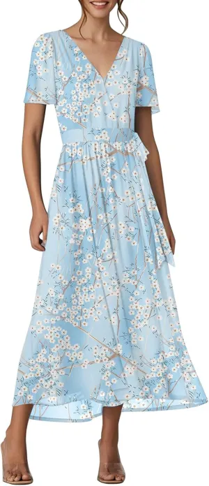 Floral Maxi Dresses for Women 2025 Vacation Casual Short Sleeve V Neck Long Flowy Dress Modest A Line Wrap Dress