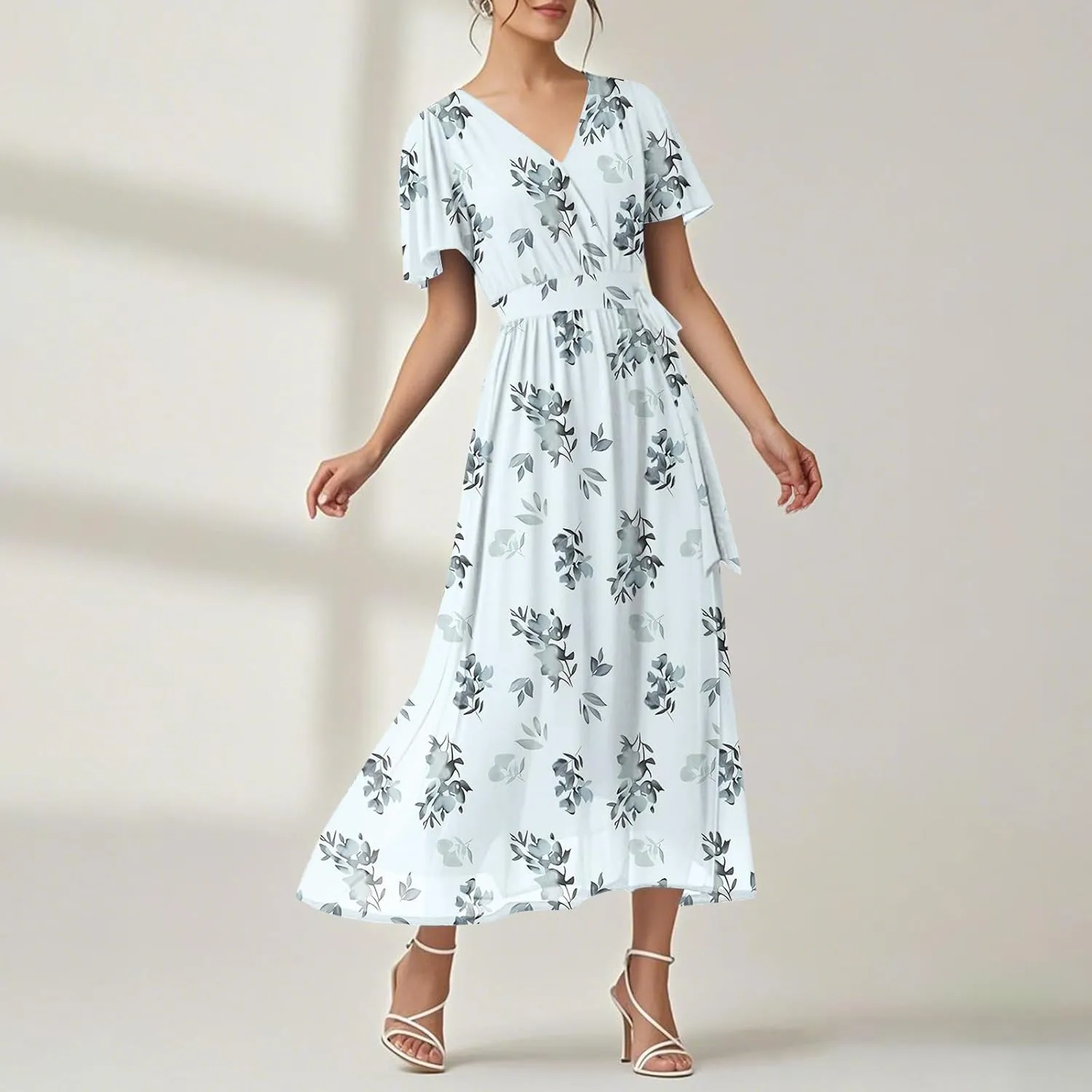 Floral Maxi Dresses for Women 2025 Vacation Casual Short Sleeve V Neck Long Flowy Dress Modest A Line Wrap Dress