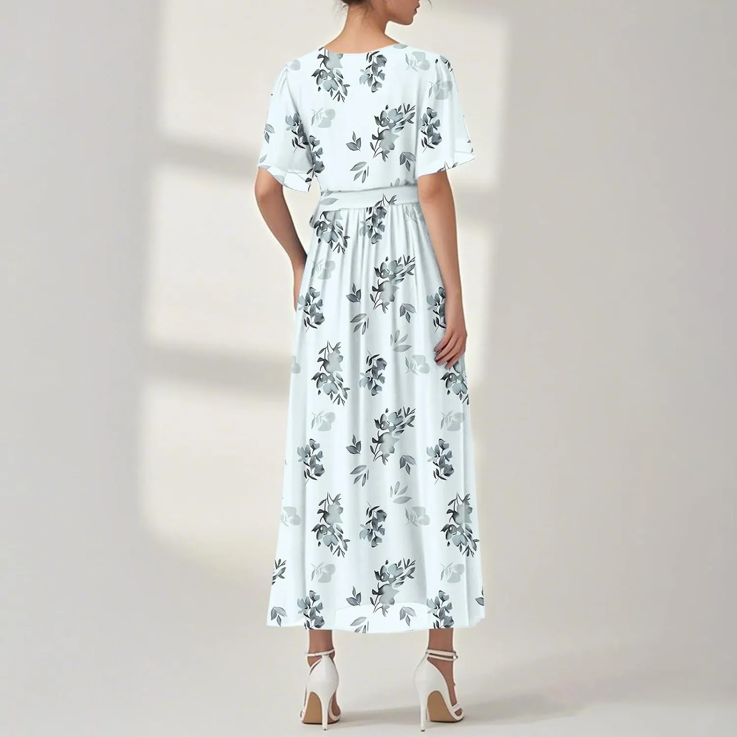 Floral Maxi Dresses for Women 2025 Vacation Casual Short Sleeve V Neck Long Flowy Dress Modest A Line Wrap Dress