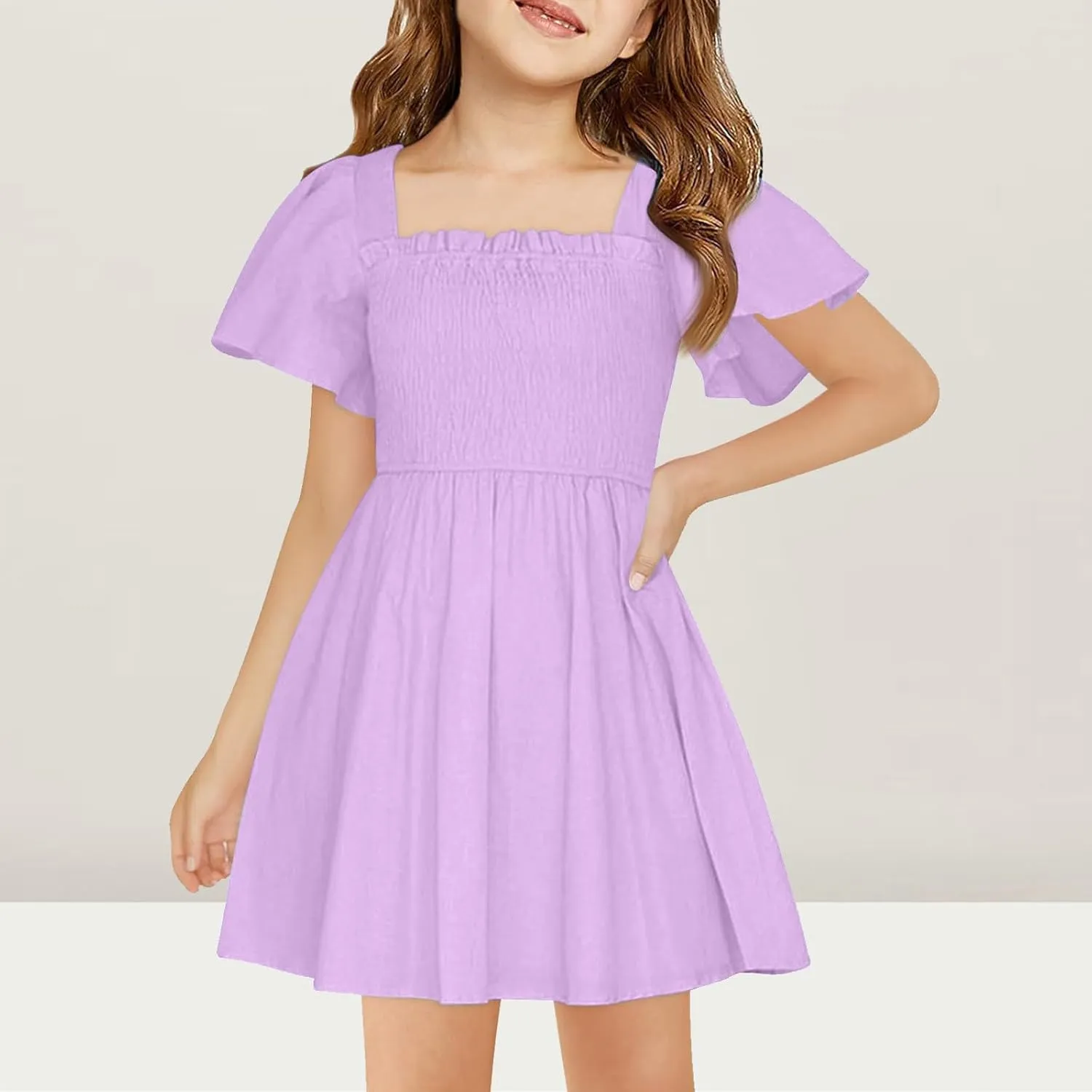 Girls Beach Dress Summer Flutter Sleeve A-Line Party Dress Square Neck Soft Dance Dresses Wedding Dresses 5-14 Years