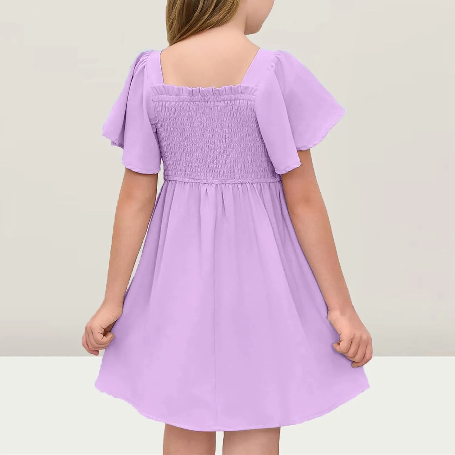 Girls Beach Dress Summer Flutter Sleeve A-Line Party Dress Square Neck Soft Dance Dresses Wedding Dresses 5-14 Years