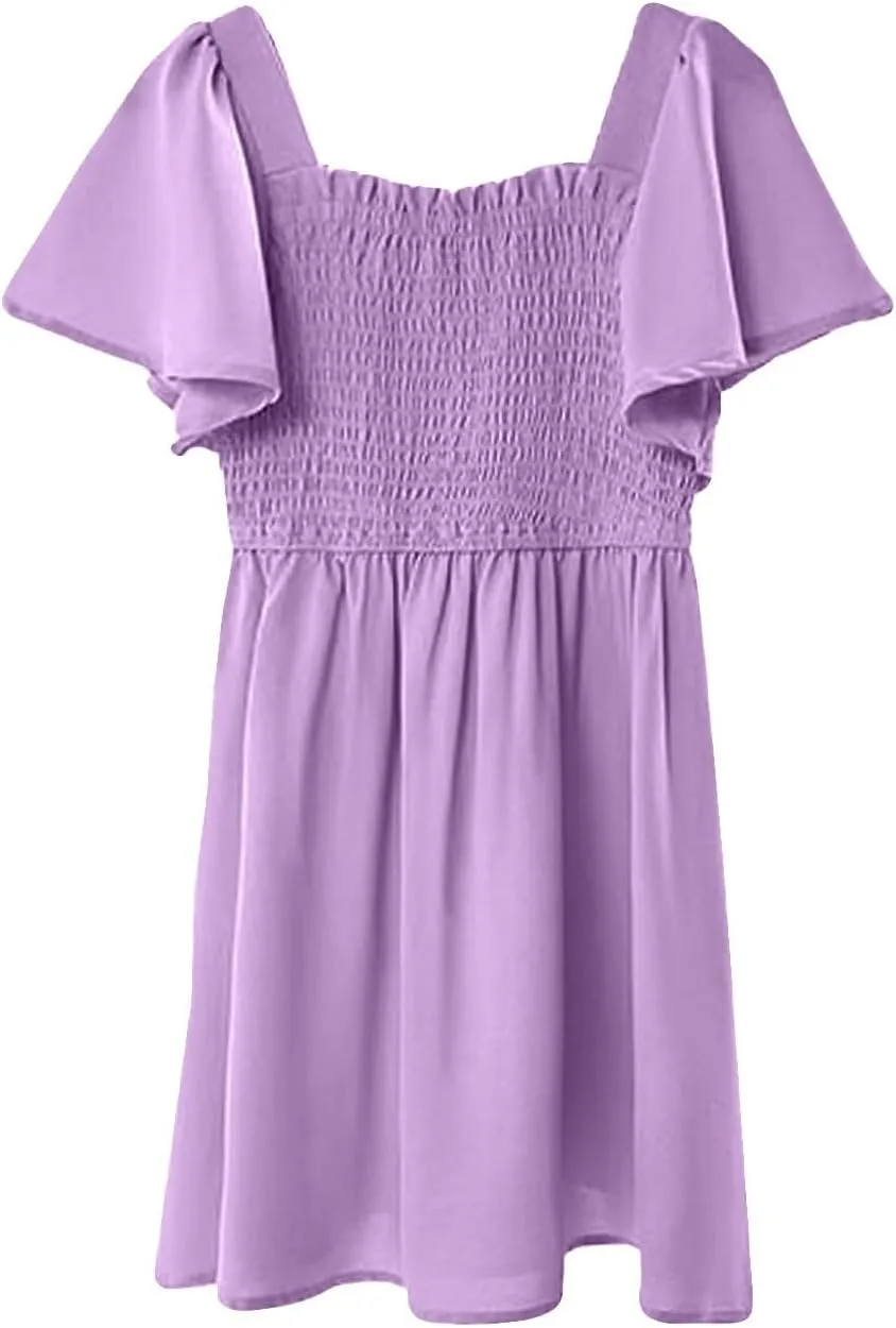 Girls Beach Dress Summer Flutter Sleeve A-Line Party Dress Square Neck Soft Dance Dresses Wedding Dresses 5-14 Years