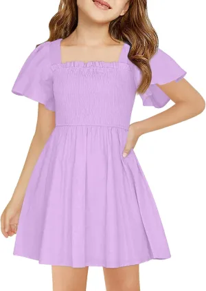 Girls Beach Dress Summer Flutter Sleeve A-Line Party Dress Square Neck Soft Dance Dresses Wedding Dresses 5-14 Years