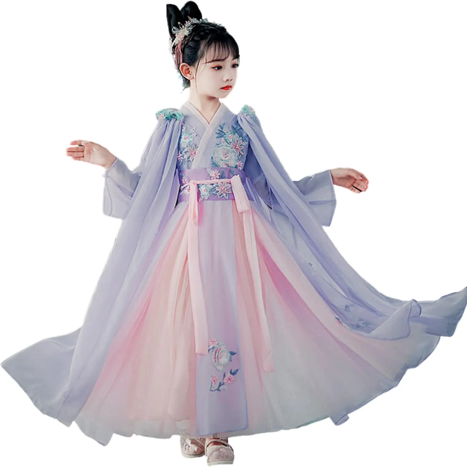 Girl's Purple Fairy Hanfu Dresses with Cloak Tang Suits Guzheng Dresses Ancient Performance Costume