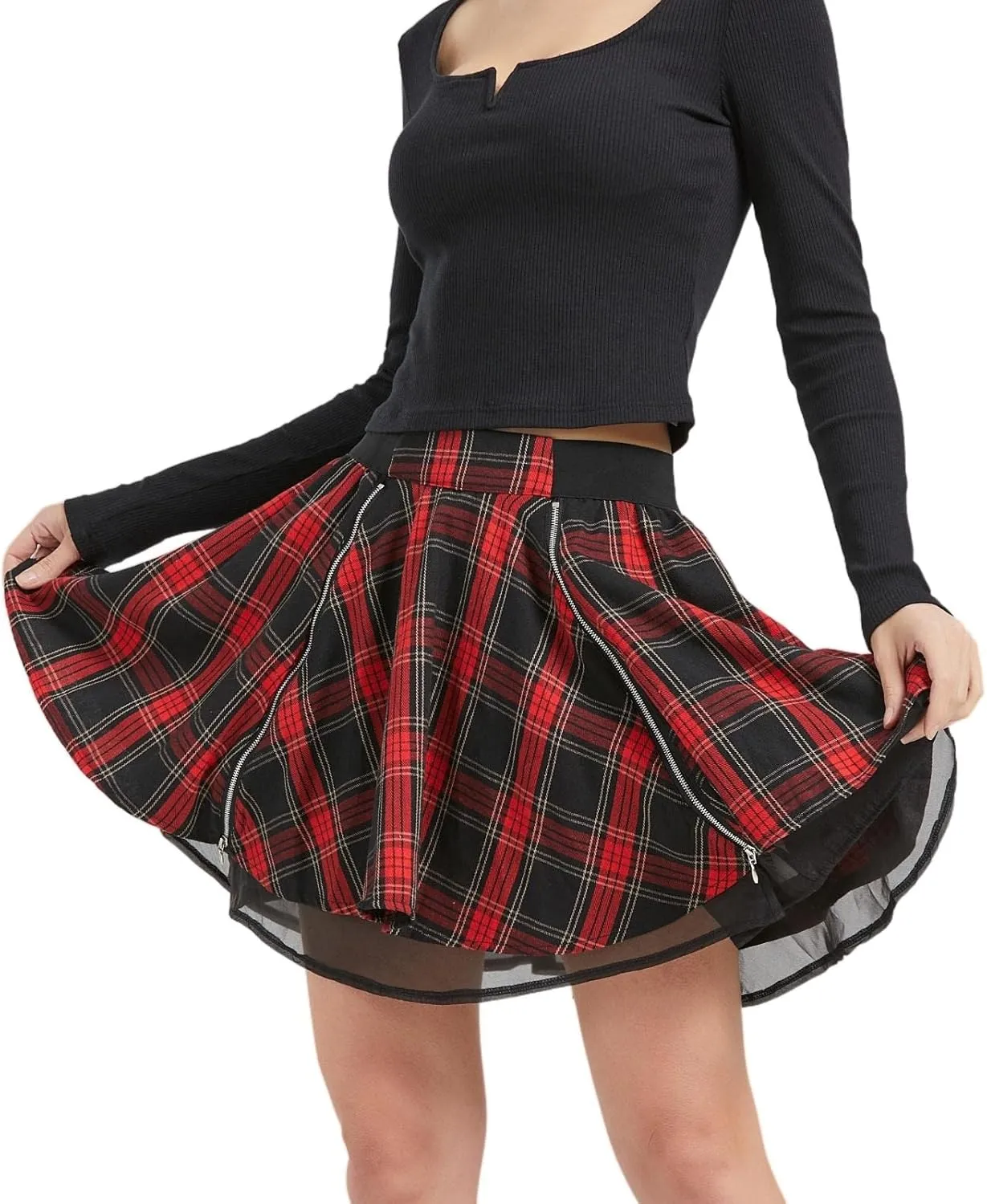 Gothic Skirts Cute High Elastic Waisted Plaid Kilts for Women Trendy Hem Flared Knee Length Mini Skater Skirt