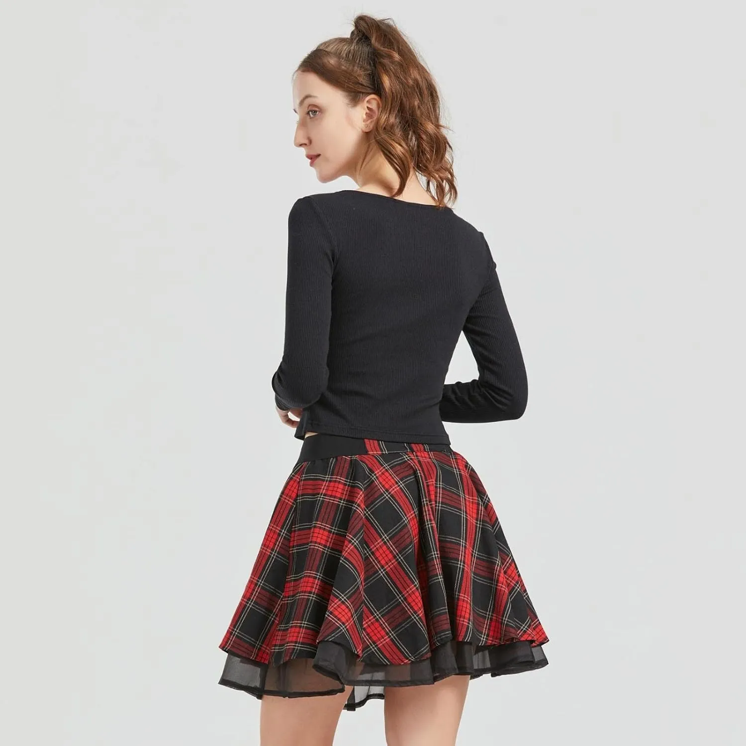 Gothic Skirts Cute High Elastic Waisted Plaid Kilts for Women Trendy Hem Flared Knee Length Mini Skater Skirt
