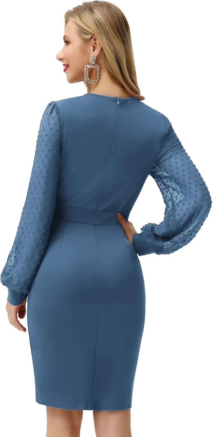 GRACE KARIN Women's Pencil Work Dresses Long Sleeve Wrap V Neck Bodycon Business Dress Elegant Cocktail Party Work