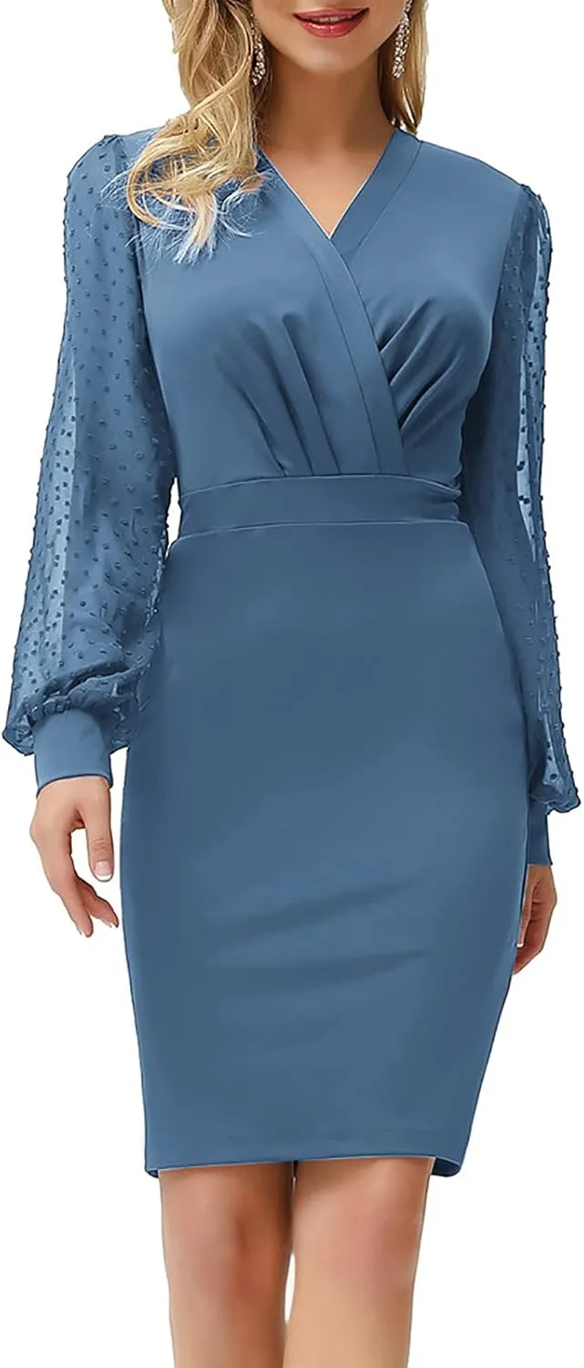 GRACE KARIN Women's Pencil Work Dresses Long Sleeve Wrap V Neck Bodycon Business Dress Elegant Cocktail Party Work