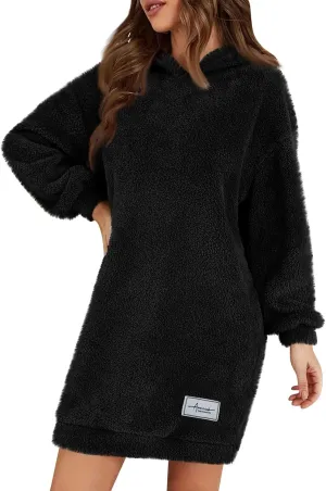 Gumipy Women Oversized Sweatshirt Dress Fuzzy Fleece Hoodie Dress Soft Hooded Long Sleeve Dress Casual Winter Dresses