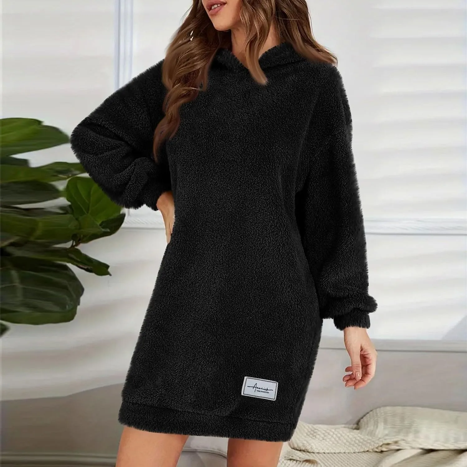 Gumipy Women Oversized Sweatshirt Dress Fuzzy Fleece Hoodie Dress Soft Hooded Long Sleeve Dress Casual Winter Dresses