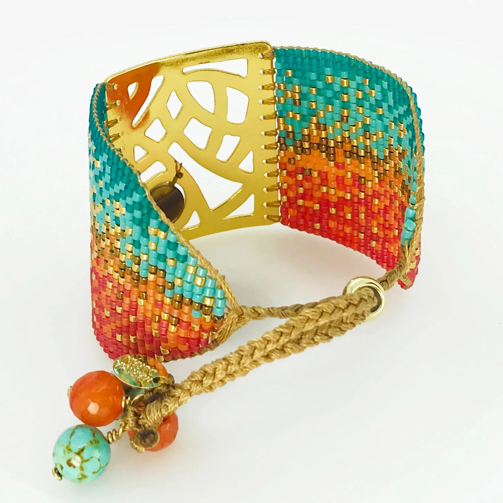 Handmade 18 Kt. Gold-Plated Bead Bracelet Coral & Turquoise Miro Large by Martha Duran