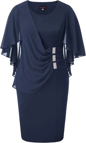 Hanna Nikole Women's Plus Size Chiffon Ruffle Flattering Cape Sleeve Bodycon Pencil Dress