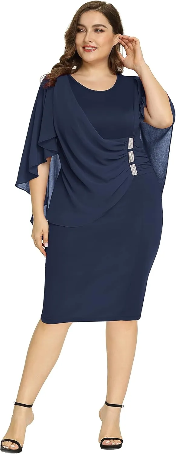 Hanna Nikole Women's Plus Size Chiffon Ruffle Flattering Cape Sleeve Bodycon Pencil Dress