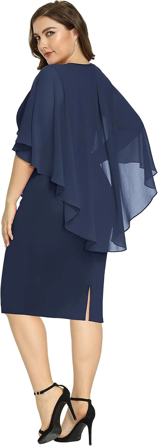 Hanna Nikole Women's Plus Size Chiffon Ruffle Flattering Cape Sleeve Bodycon Pencil Dress
