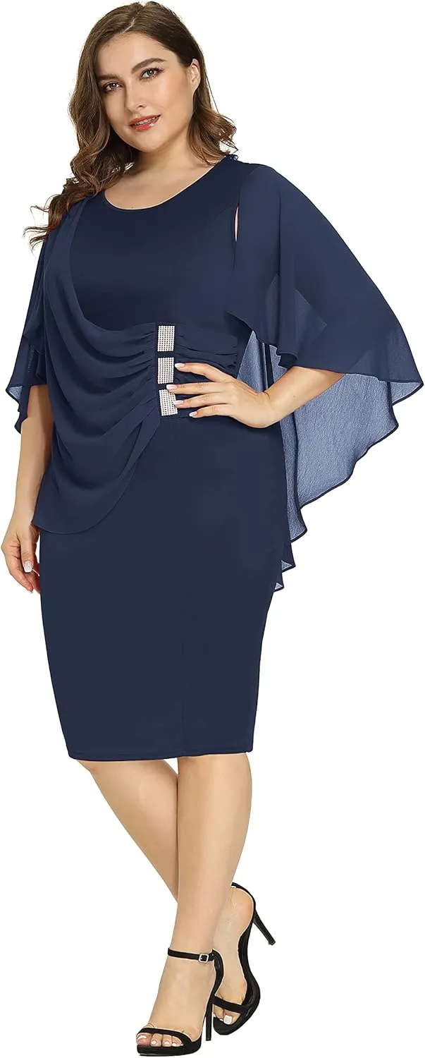 Hanna Nikole Women's Plus Size Chiffon Ruffle Flattering Cape Sleeve Bodycon Pencil Dress