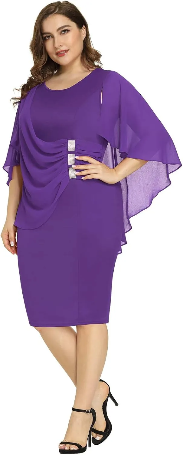 Hanna Nikole Women's Plus Size Chiffon Ruffle Flattering Cape Sleeve Bodycon Pencil Dress