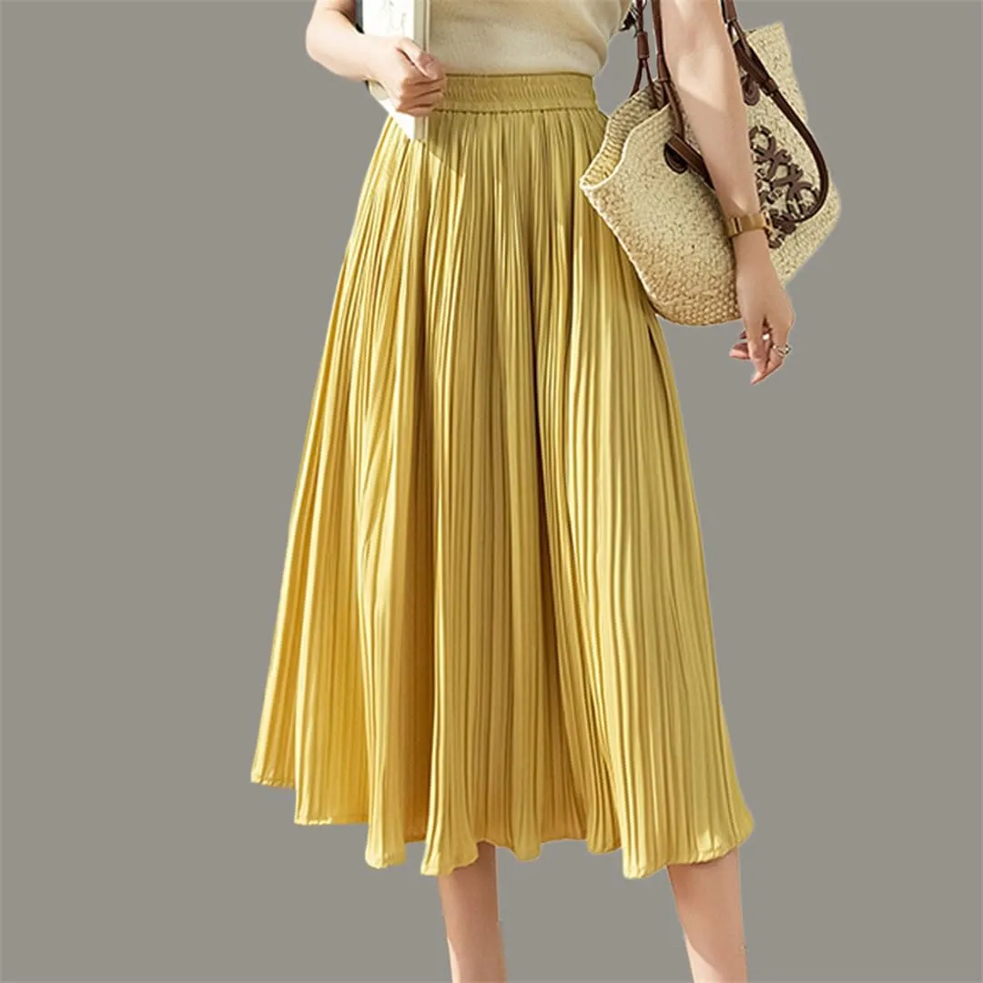 Hcclijo Spring Summer Pleated Skirts for Women Chic Fashion A Line Elegant Office Midi Skirt