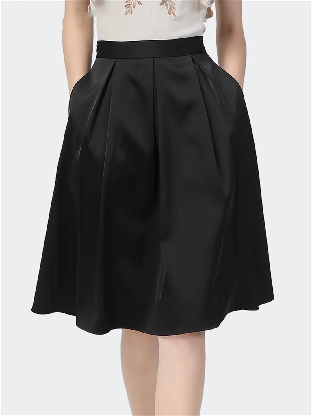 Hdhdeueh Women Satin High Waist Black Midi Skirt A-Line Swing Flowy Pleated Bottoming Skirts