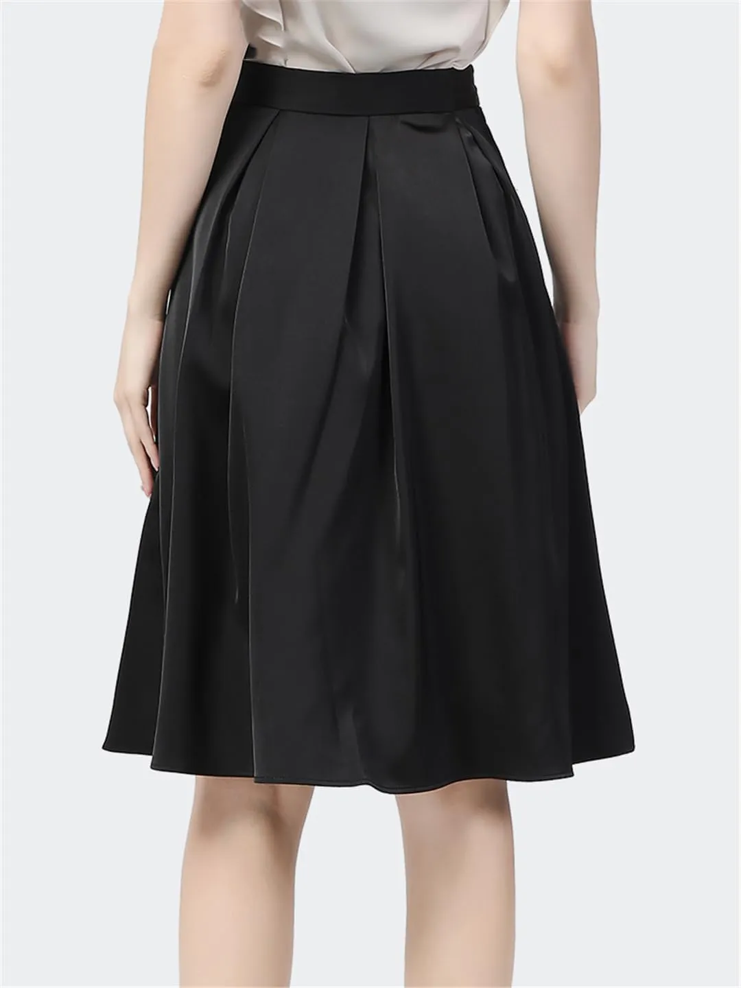 Hdhdeueh Women Satin High Waist Black Midi Skirt A-Line Swing Flowy Pleated Bottoming Skirts