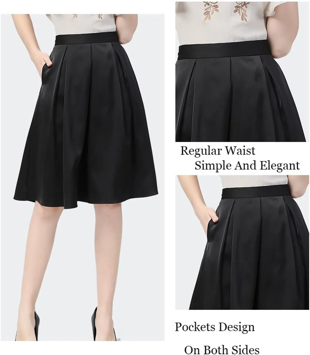 Hdhdeueh Women Satin High Waist Black Midi Skirt A-Line Swing Flowy Pleated Bottoming Skirts