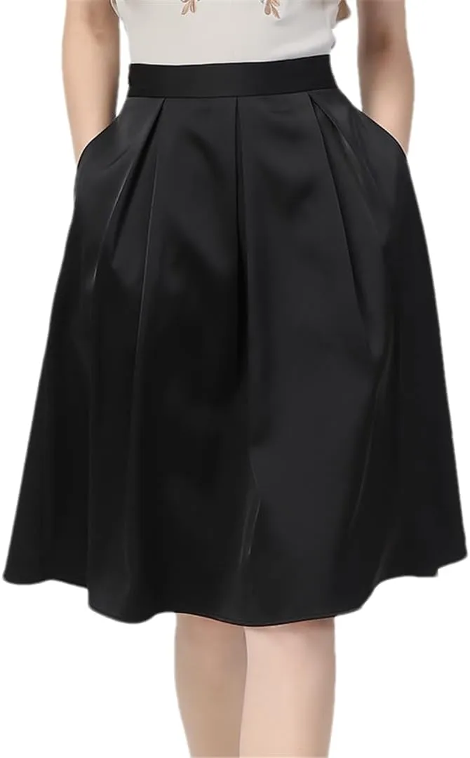 Hdhdeueh Women Satin High Waist Black Midi Skirt A-Line Swing Flowy Pleated Bottoming Skirts