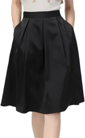 Hdhdeueh Women Satin High Waist Black Midi Skirt A-Line Swing Flowy Pleated Bottoming Skirts