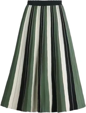 Hdhdeueh Women Striped Brown Gray A-Line High Waist Knitted Midi Skirt Elegant Pleated Skirt