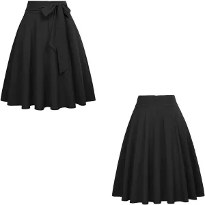 High Waisted Skirt for Women 2024 Vintage Solid Flowy Midi Skirts Tied Waist Pleated Baggy Flared Work A-Line Skirt