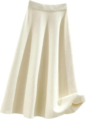 Jegsnoe Autumn Thick Large Swing Knitted Long Skirt Women's Elegant Pleated Skirt High Waist A-Line Midi Skirt