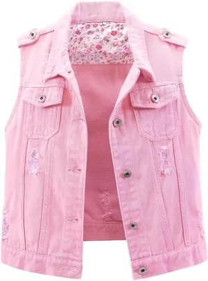 Kedera Womens Denim Jean Vest Classic Junior Button Up Cropped Distressed Sleeveless Jean Jacket