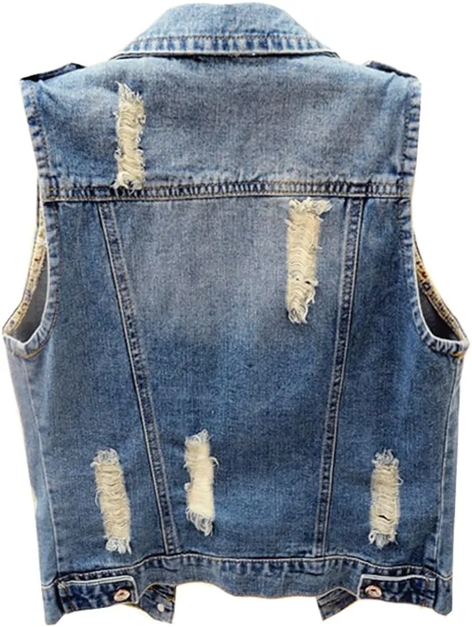 Kedera Womens Denim Jean Vest Classic Junior Button Up Cropped Distressed Sleeveless Jean Jacket
