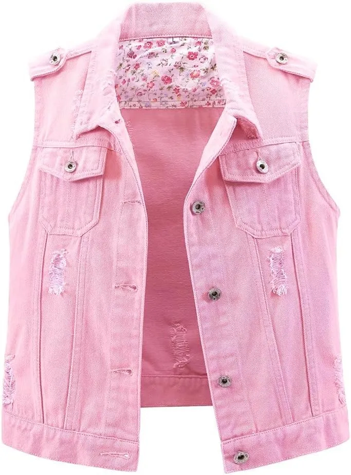Kedera Womens Denim Jean Vest Classic Junior Button Up Cropped Distressed Sleeveless Jean Jacket