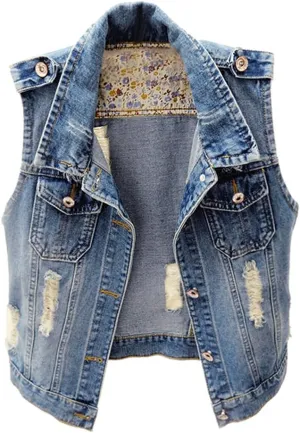 Kedera Womens Denim Jean Vest Classic Junior Button Up Cropped Distressed Sleeveless Jean Jacket