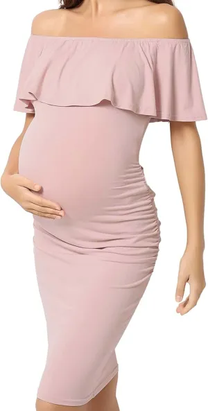 KIM S Off Shoulder Ruffle Sleeveless Maternity Dress(S-XXL), Bodycon Dress for Baby Shower Photoshoot