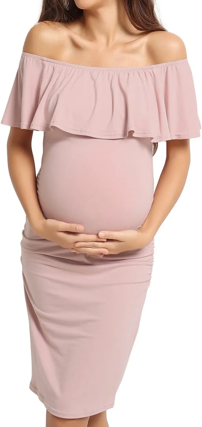KIM S Off Shoulder Ruffle Sleeveless Maternity Dress(S-XXL), Bodycon Dress for Baby Shower Photoshoot