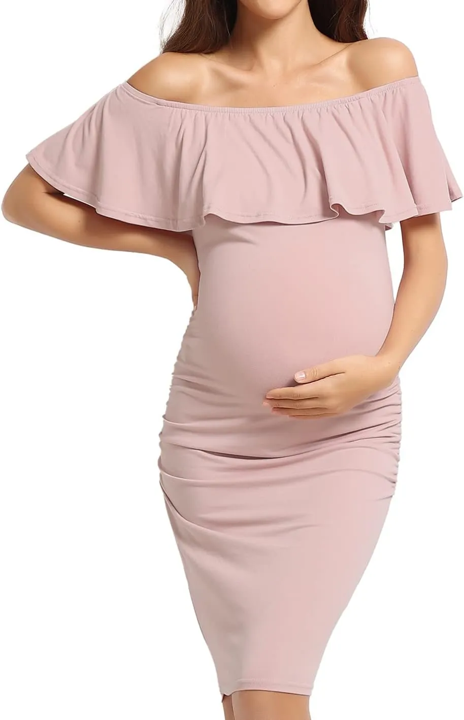 KIM S Off Shoulder Ruffle Sleeveless Maternity Dress(S-XXL), Bodycon Dress for Baby Shower Photoshoot
