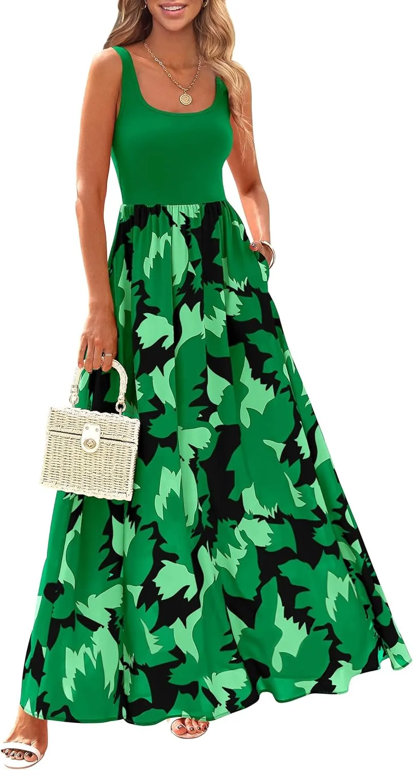 KIRUNDO Women Summer Sleeveless Boho Floral Maxi Dress 2025 Scoop Neck Tank A Line Flowy Beach Vacation Resort Wear Sundress