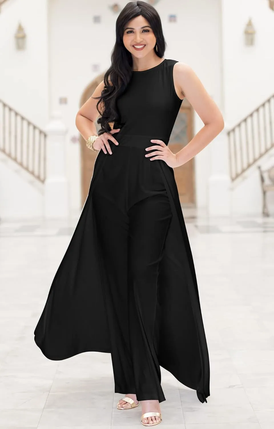 KOH KOH Sleeveless Flattering Dressy Long Pant Cape Classy Elegant Jumpsuit