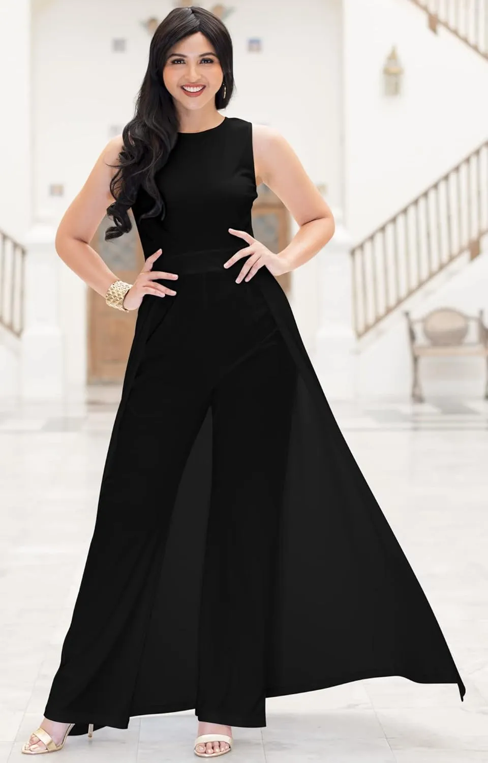 KOH KOH Sleeveless Flattering Dressy Long Pant Cape Classy Elegant Jumpsuit