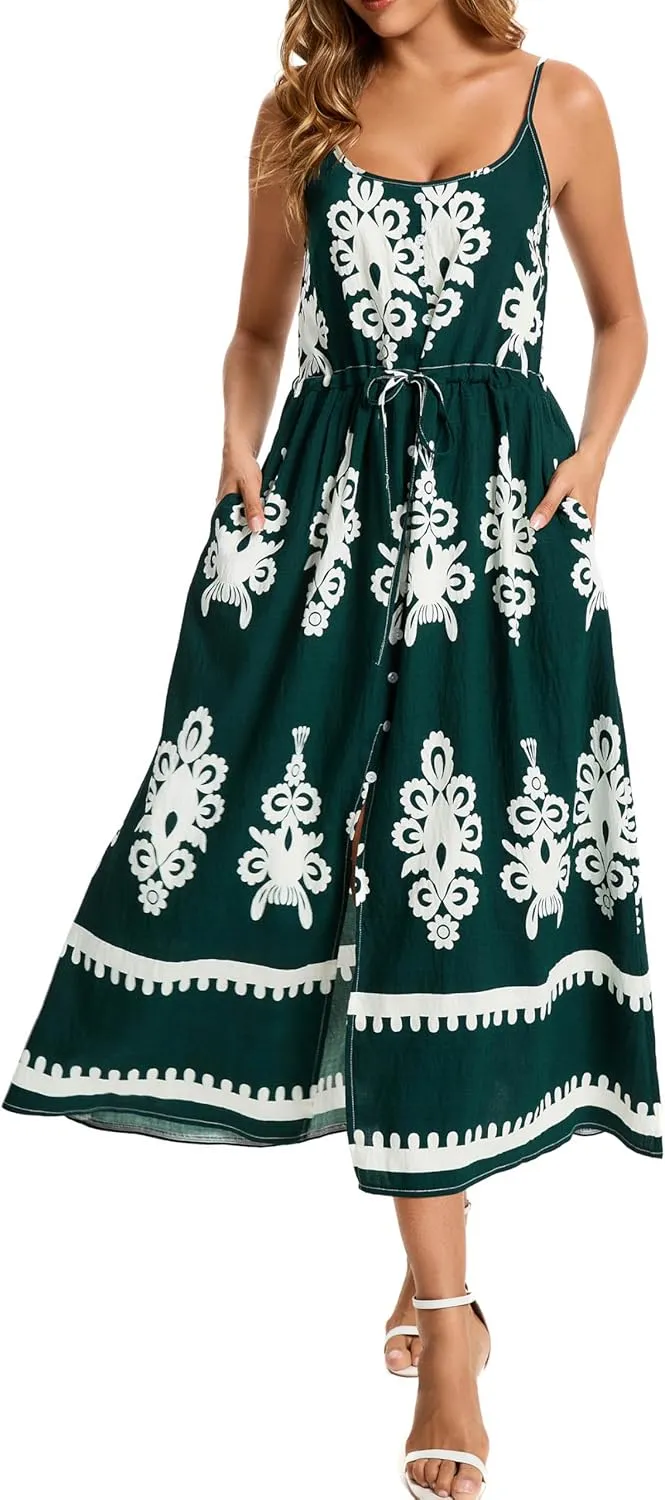 Kormei Women Summer Beach Dress Casual Boho Floral Sundress Spaghetti Strap Flowy Maxi Dresses with Pockets
